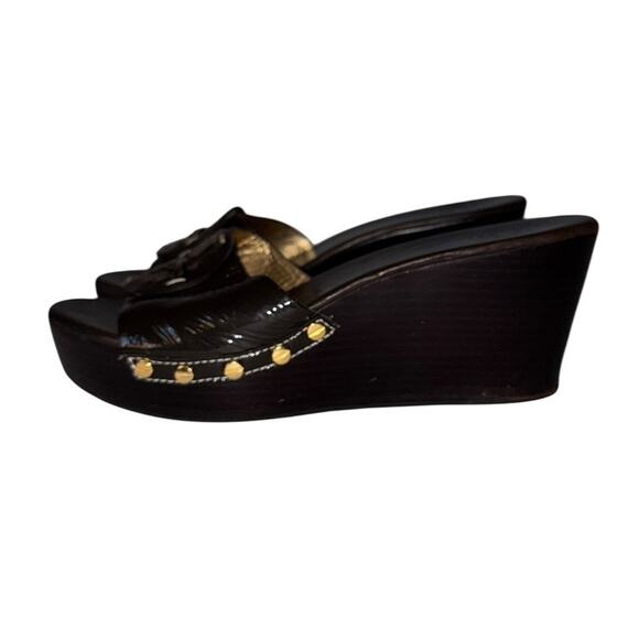 Tory Burch Patti Brown Patent Leather Logo Mules Gold Hardware Size 9.5 - Picture 6 of 15